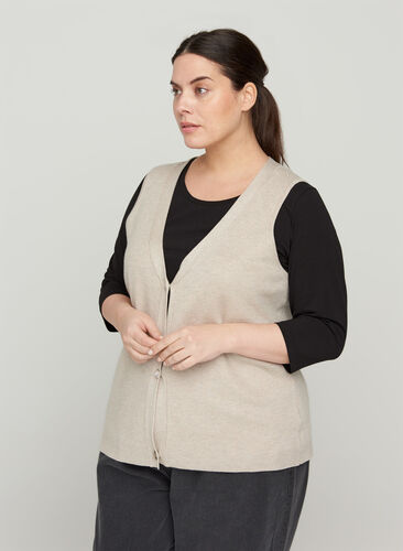 Strikkevest med V-hals og knapper, Pumice Stone Mel., Model image number 0