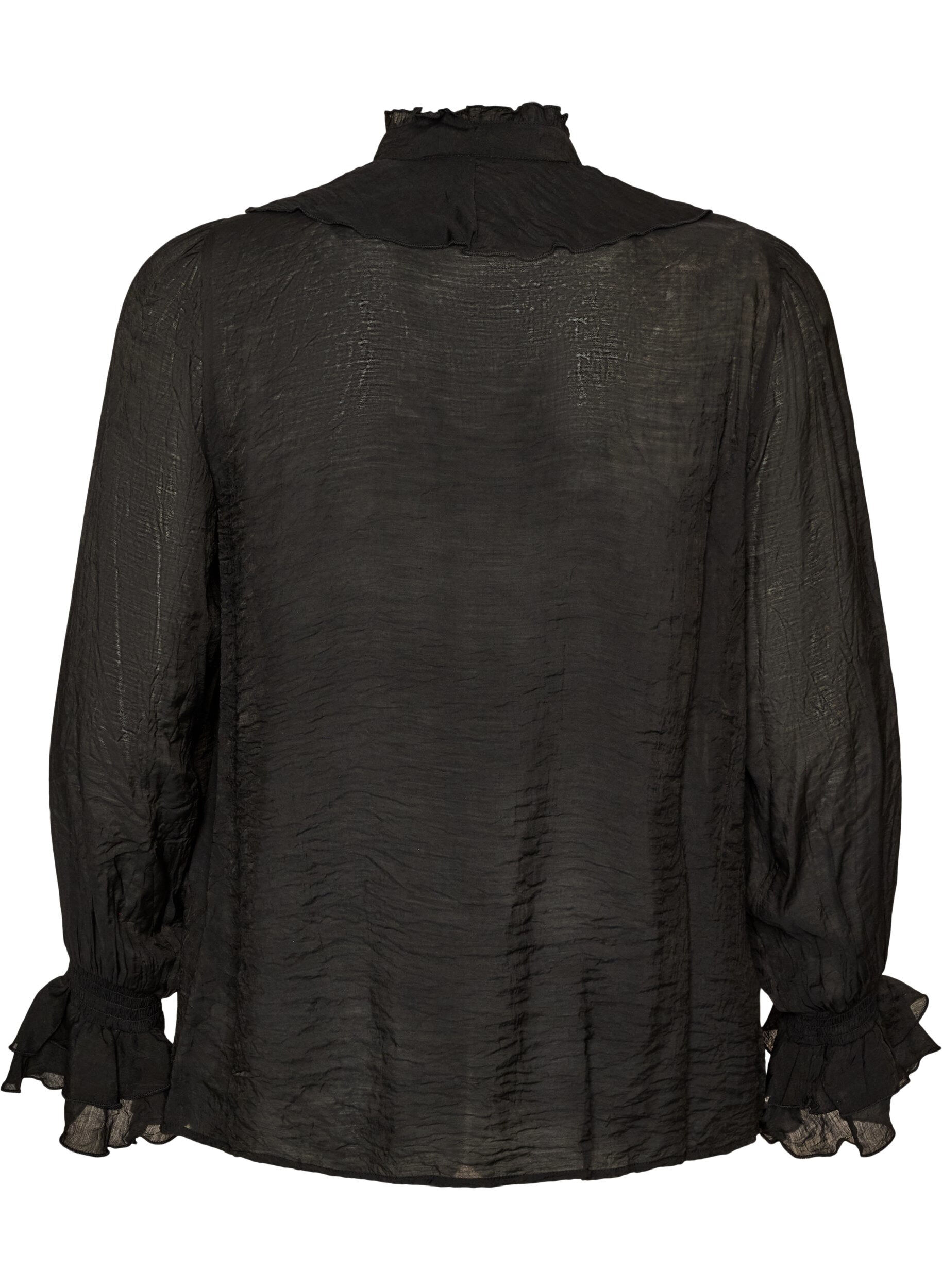 ZizziViskosebluse med volanger og lange ermer, Svart, Packshot image number 1