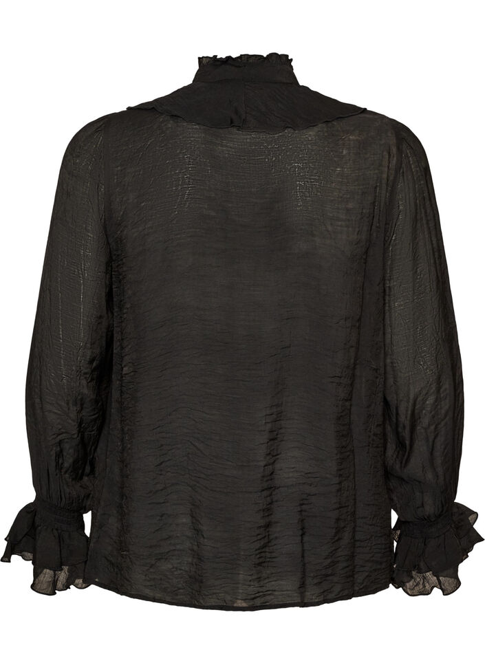 Viskosebluse med volanger og lange ermer, Svart, Packshot image number 1