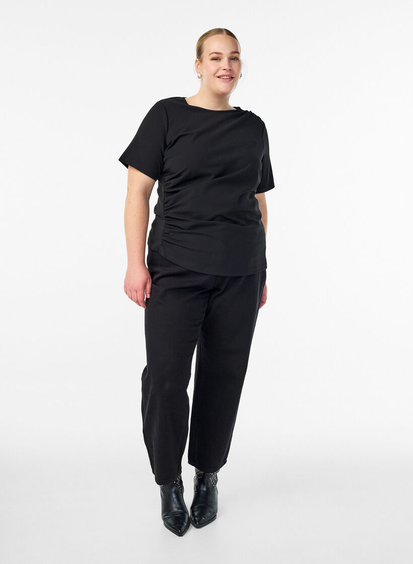 Kortermet bluse med rynking og asymmetrisk fold, Svart, Model image number 1