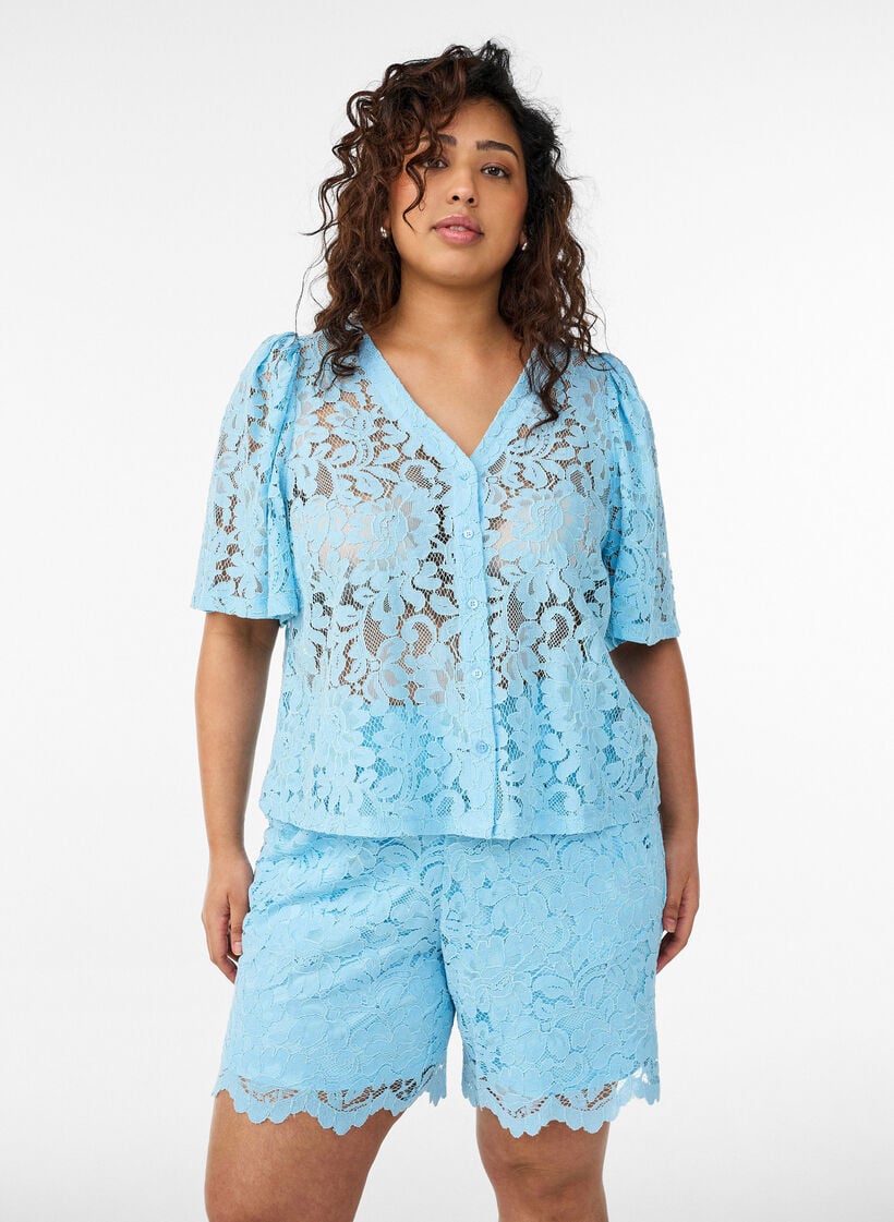 Blonder shorts med h&oslash;y midje og lommer, Bl&aring;, Model image number 0