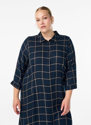 Zizzi Lang rutete skjortekjole, Blue Beige Check, Model image number 2