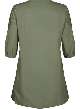 Kjole i bomullsblanding med lin og heklede detaljer, Deep Lichen Green, Packshot image number 1
