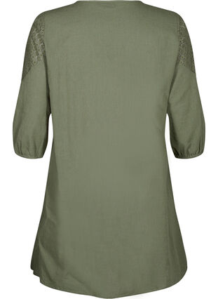 Zizzi Kjole i bomullsblanding med lin og heklede detaljer, Deep Lichen Green, Packshot image number 1