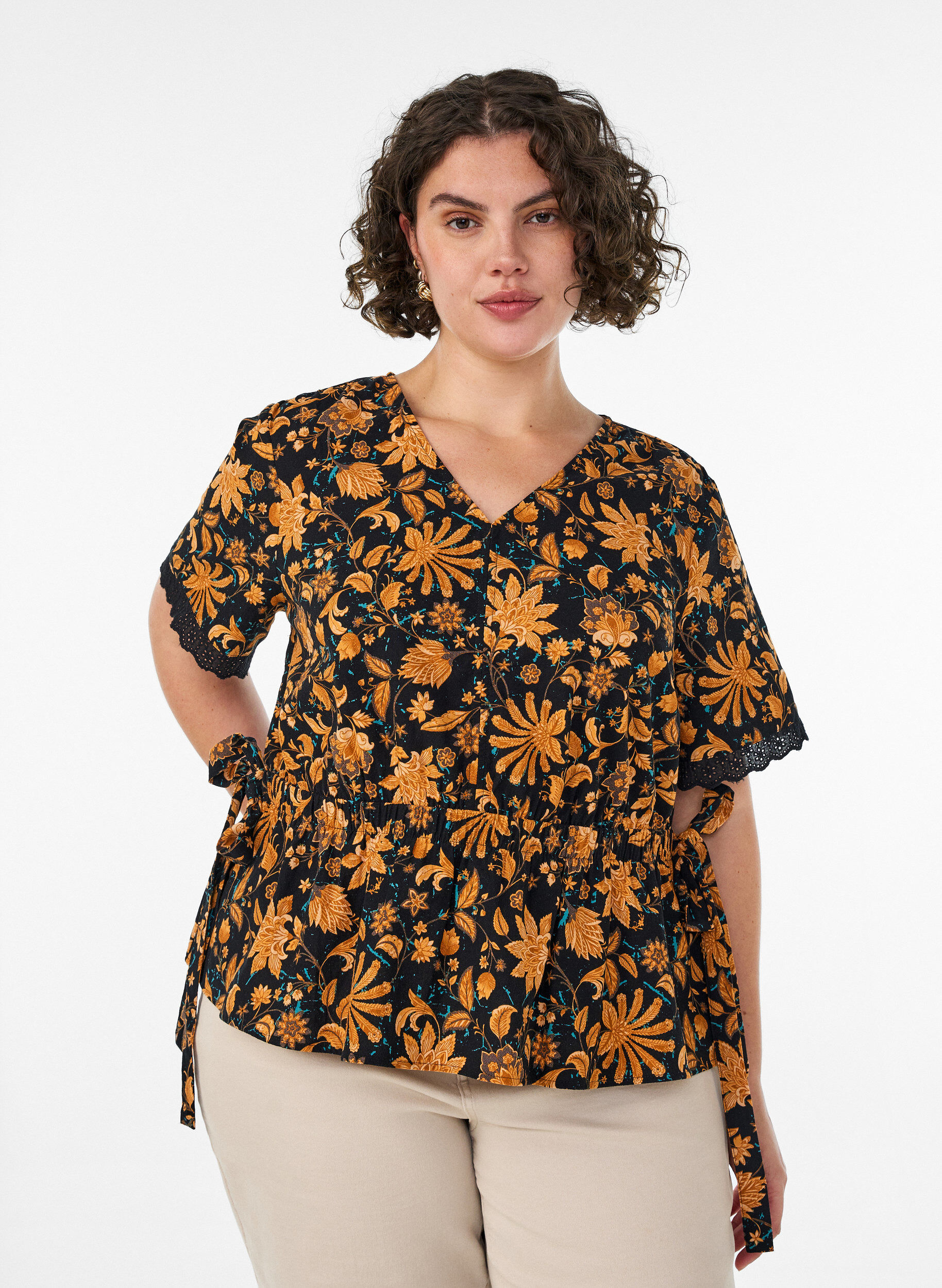 ZizziBlomstret bomullsbluse med knyting, Orange, Model image number 0