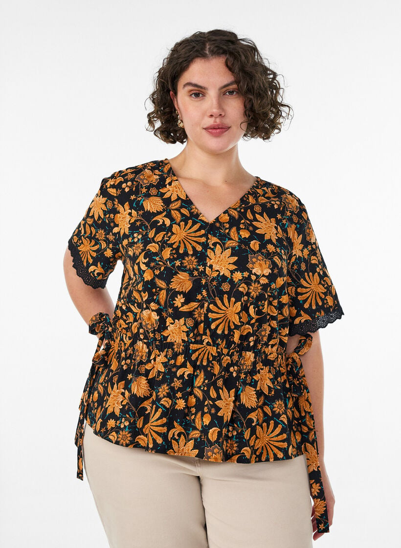 Blomstret bomullsbluse med knyting, Orange, Model image number 0