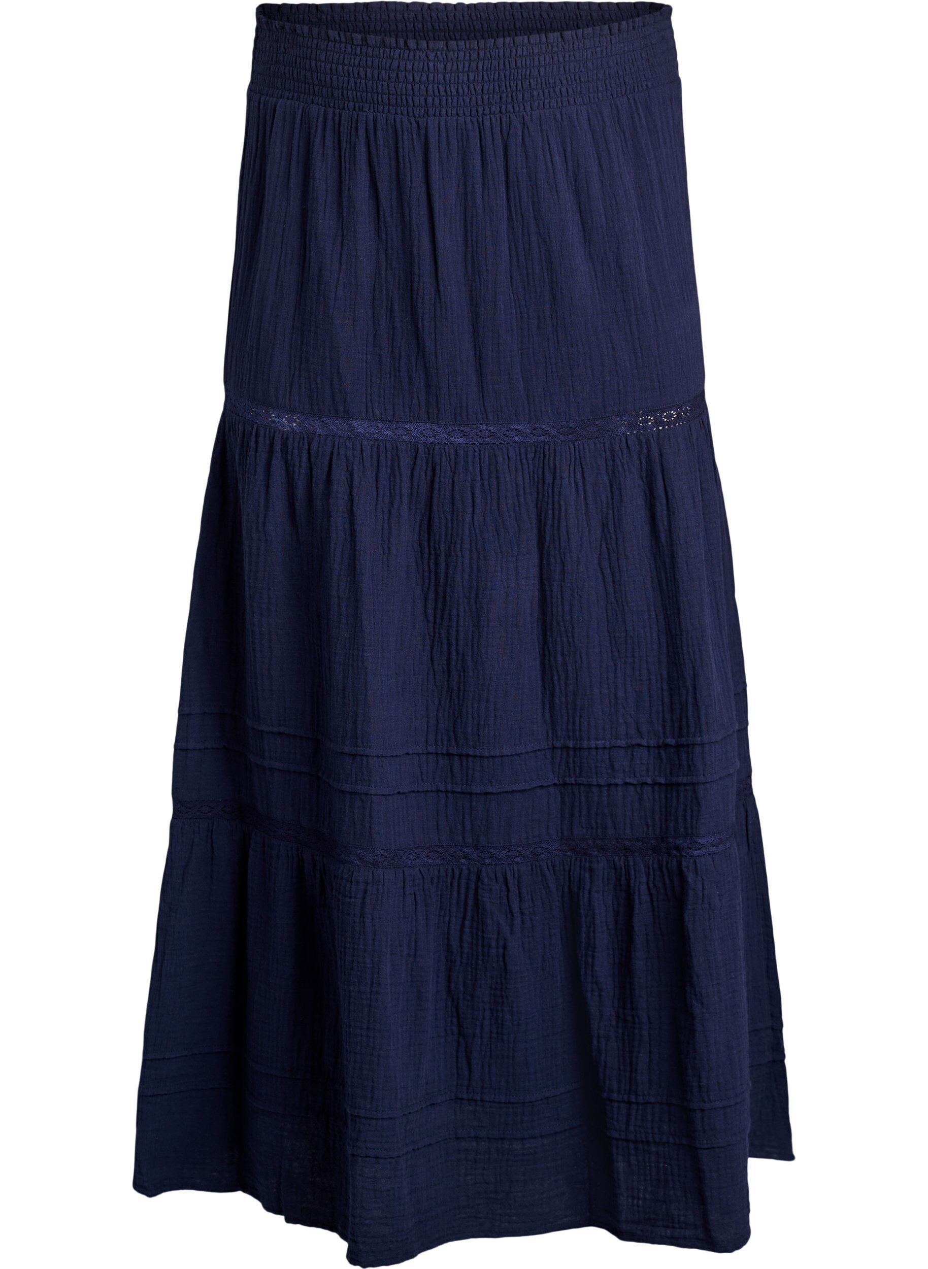 ZizziA-formet midiskj&oslash;rt i bomullsmuslin med heklet b&aring;nd, Bl&aring;, Packshot image number 0