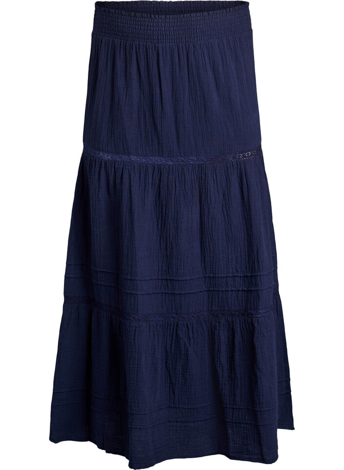 A-formet midiskj&oslash;rt i bomullsmuslin med heklet b&aring;nd, Bl&aring;, Packshot image number 0