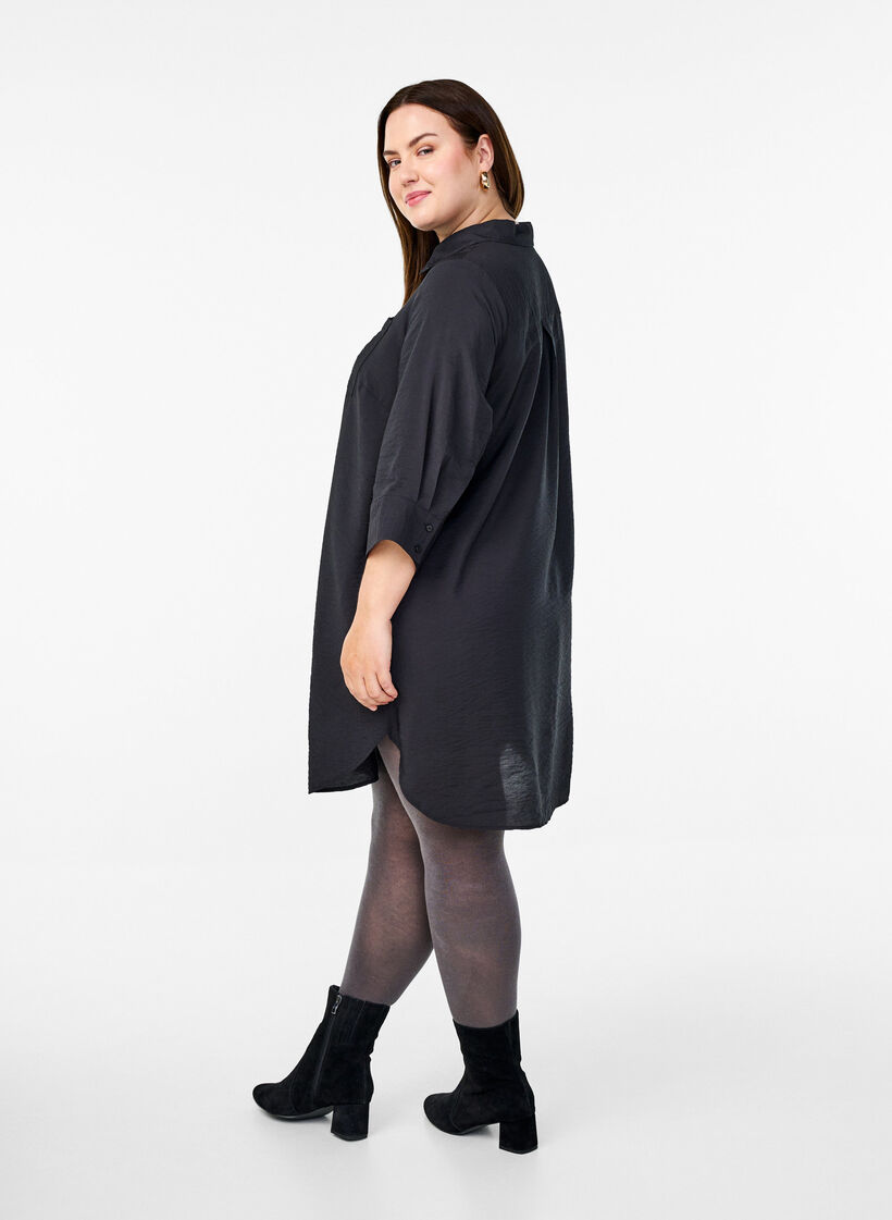 Kort kjole med krage og brystlomme, Svart, Model image number 2