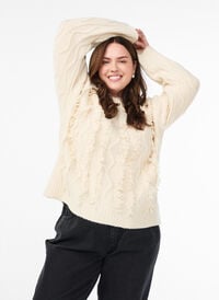 Strikk med rund hals og teksturert mønster, Beige Strikk med rund hals og teksturert mønster, Beige, Model