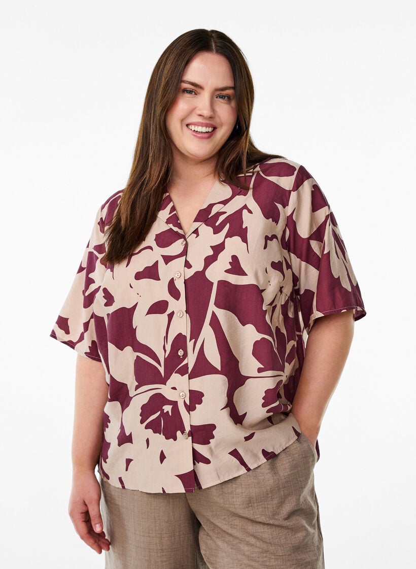 Skjorte bluse med print og V-hals, Rød, Model image number 0