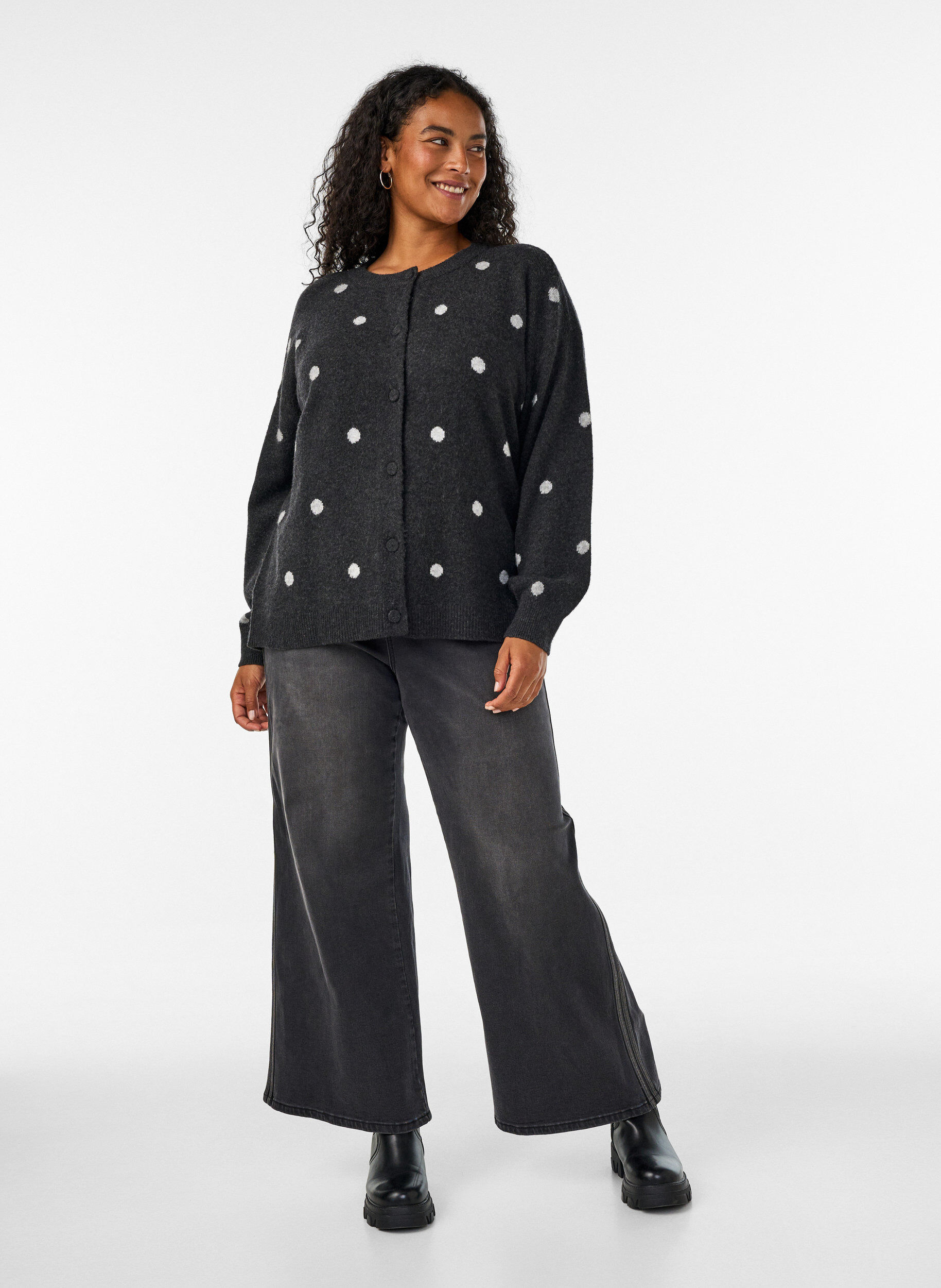 ZizziCardigan med et prikkete m&oslash;nster, Gr&aring;, Model image number 1
