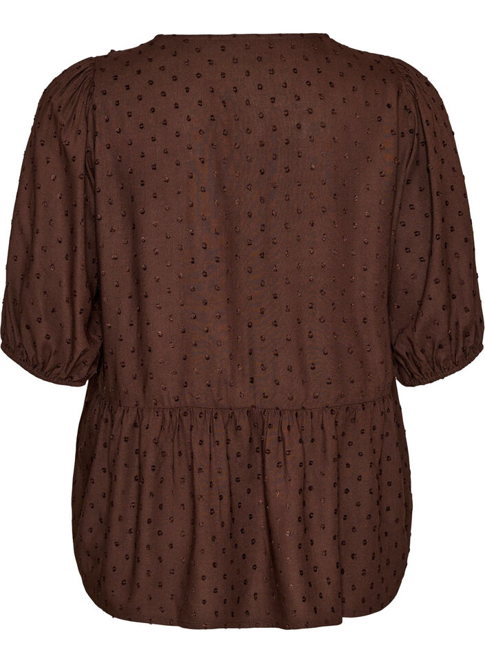 Viskosebluse med prikket tekstur og V-hals, Brun, Packshot image number 1