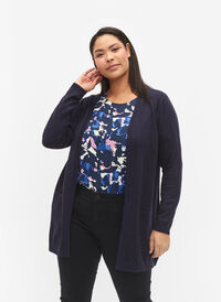 Lang strikkecardigan i viskoseblanding, Night Sky, Model