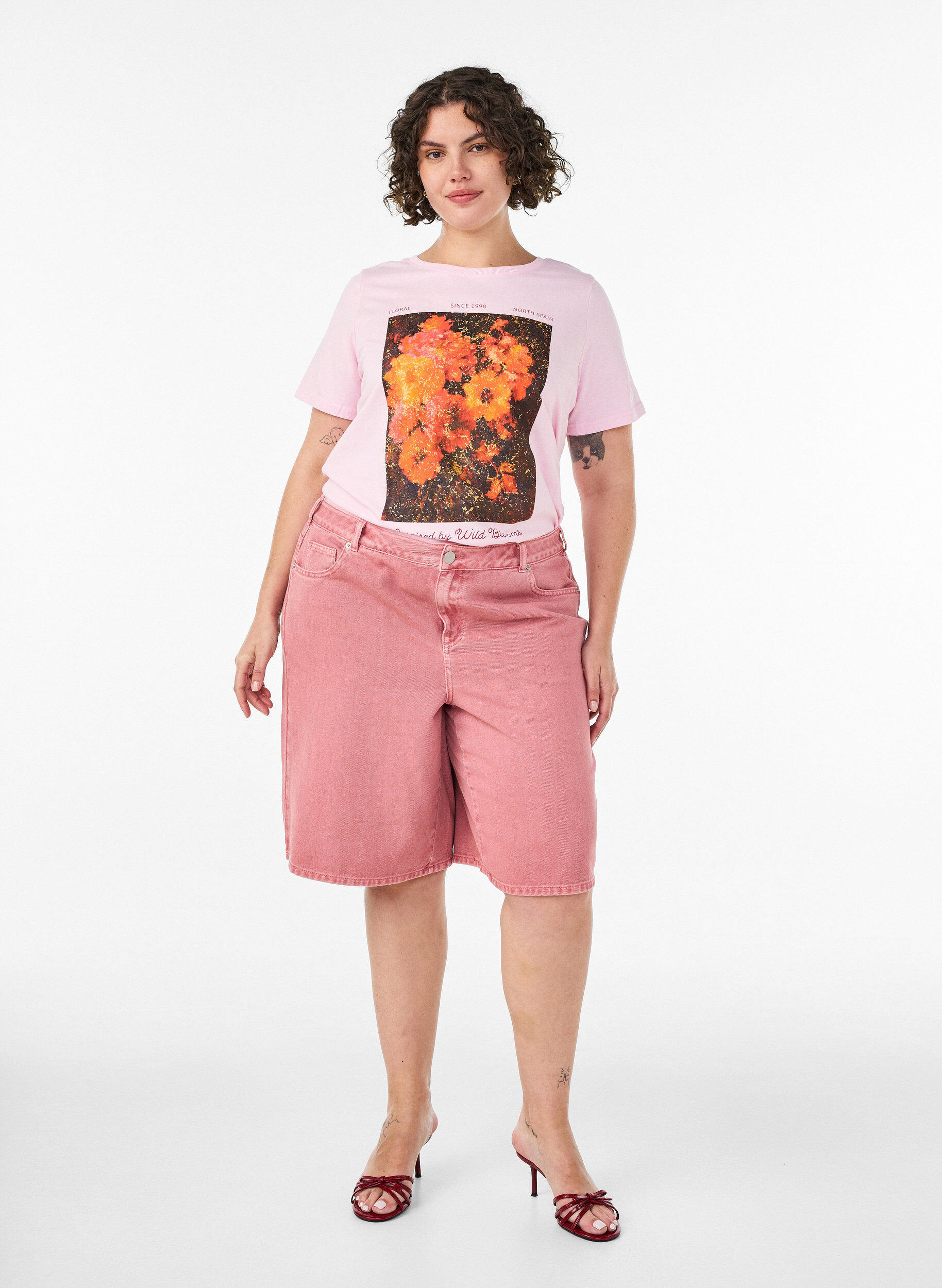 ZizziBomulls T-skjorte med trykk foran, Rosa, Model image number 1