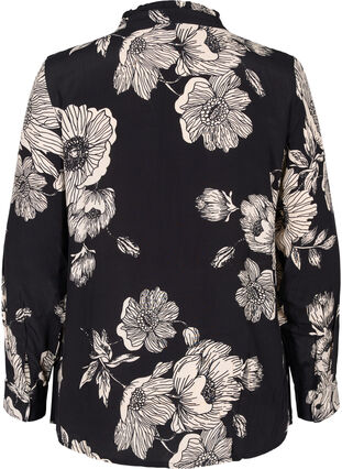 Blomstrete skjorte i viskose med volanger, Black White AOP, Packshot image number 1