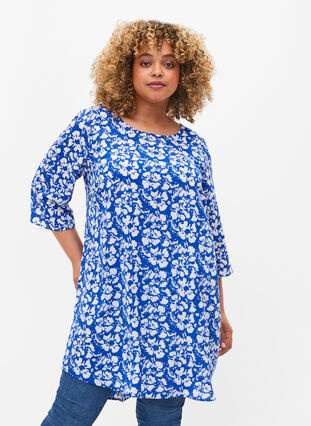 Mønstrete kjole med 3/4-ermer, Blue White Flower, Model image number 0