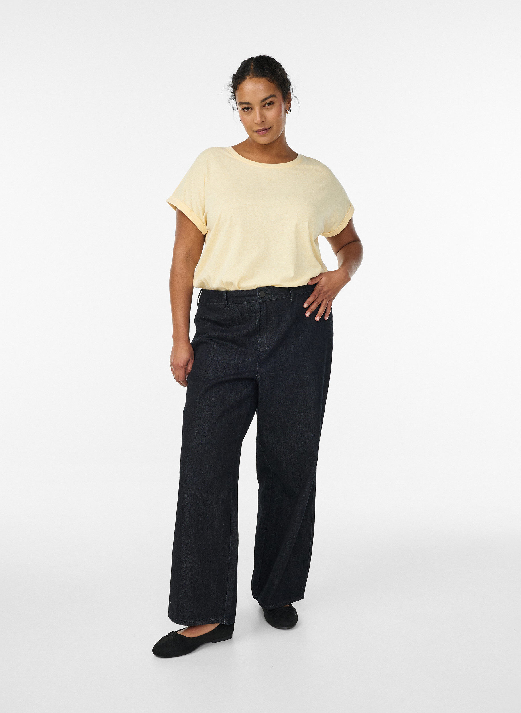 Zizzi Melert T-skjorte med korte ermer, Gul, Model image number 1