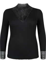 Ribbestrikket viskosebluse med blonder, Black