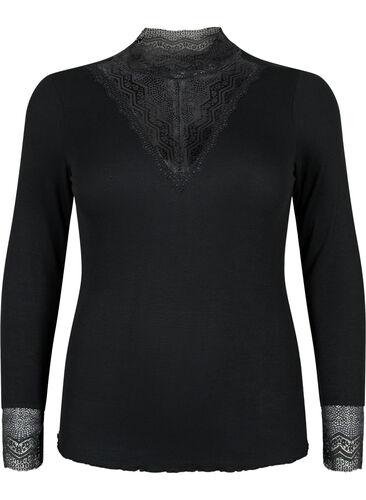 Ribbestrikket viskosebluse med blonder, Black, Packshot image number 0