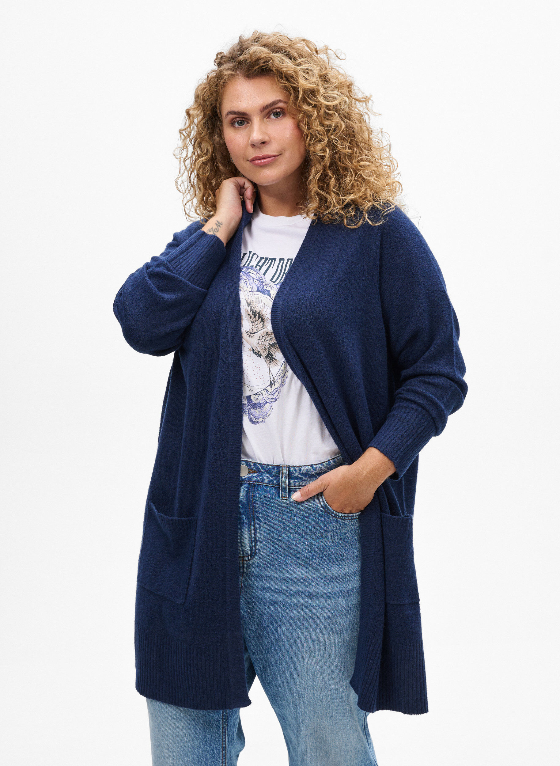 ZizziRibbestrikket cardigan med lommer, Bl&aring;, Model image number 0