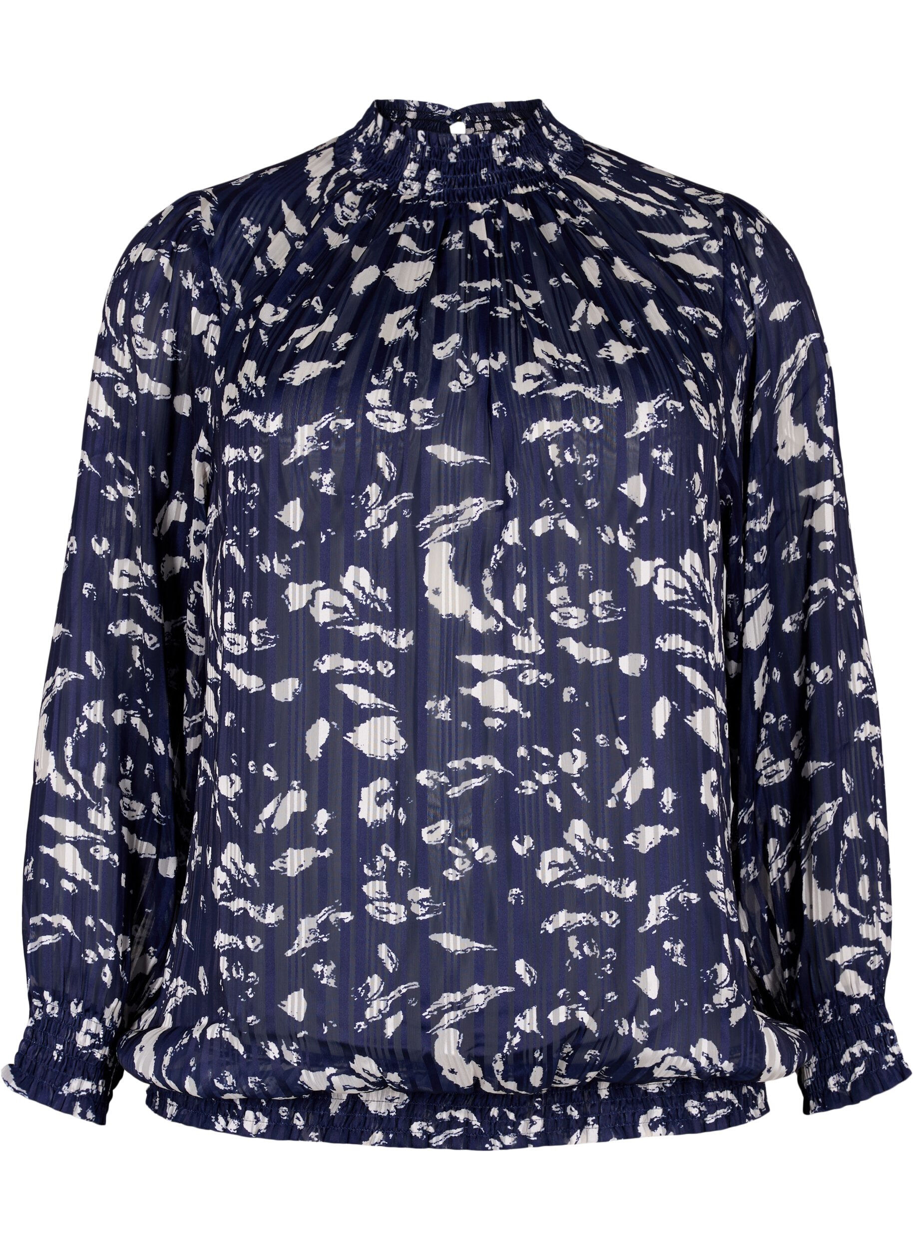 Zizzi M&oslash;nstrete bluse med smock, Blue Leaf AOP, Packshot image number 0