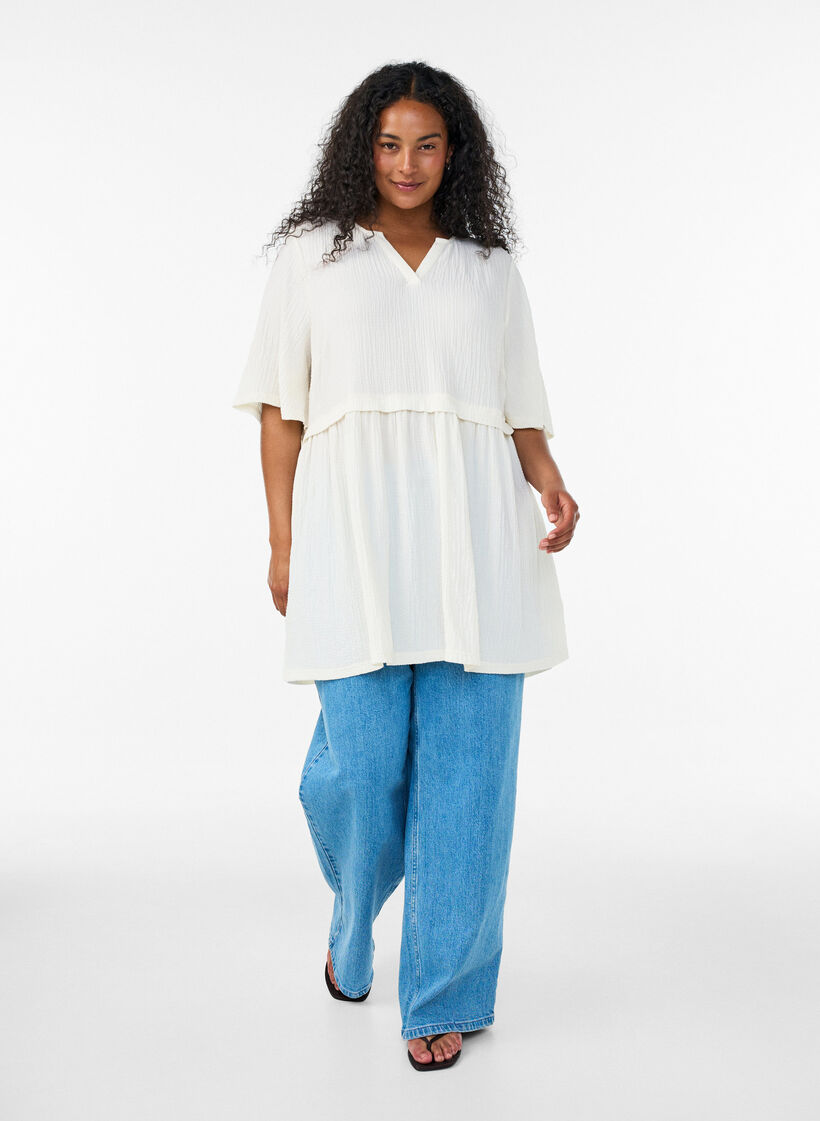 Tunika med kr&oslash;llete tekstur og 1/2 ermer, Vanilje, Model image number 1