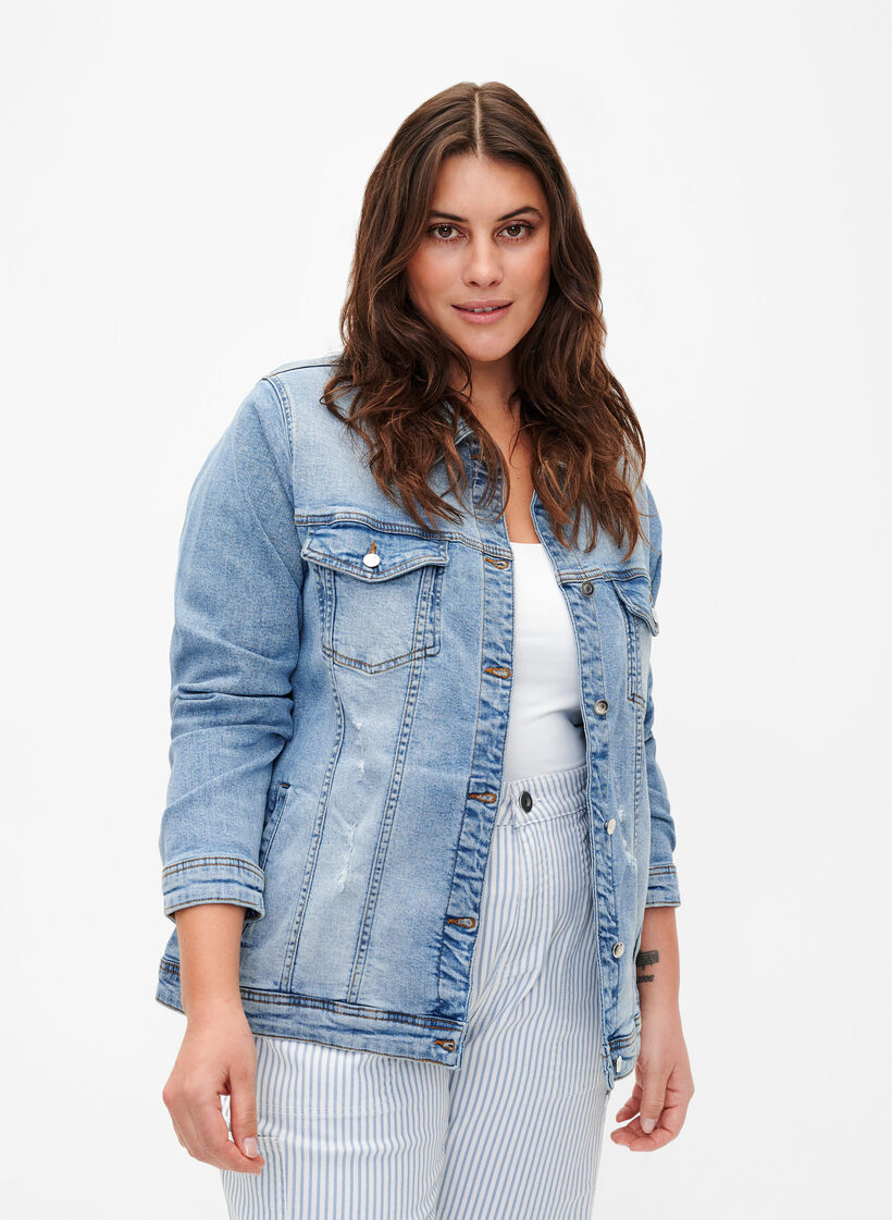 Kort dongerijakke i bomull, Light blue denim, Model image number 0
