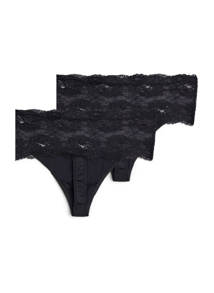 G-streng med bred blondekant, 2 stk., Black, Packshot
