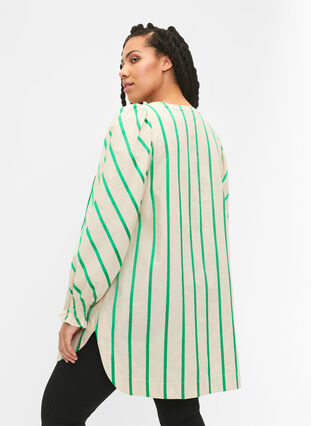 Stripete tunika i bomull med smock og volanger, Beige Green Stripe, Model image number 1