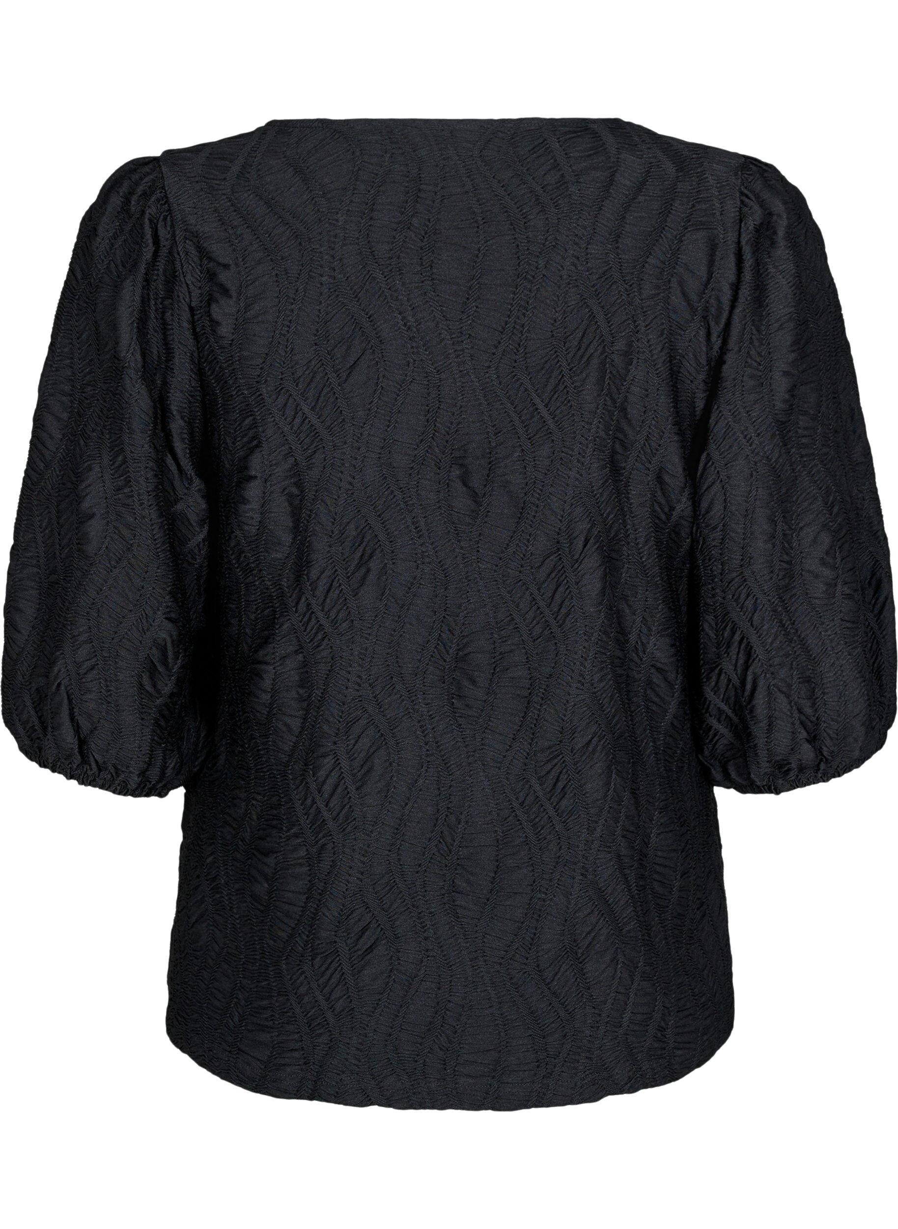 ZizziBluse med tekstur og 3/4-ermer, Svart, Packshot image number 1