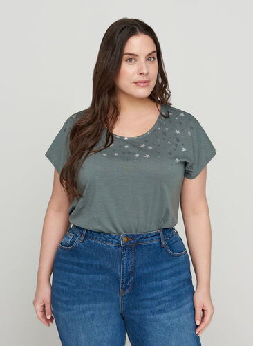 Kortermet T-skjorte i bomull med stjerner, Balsam Green STARS, Model image number 0