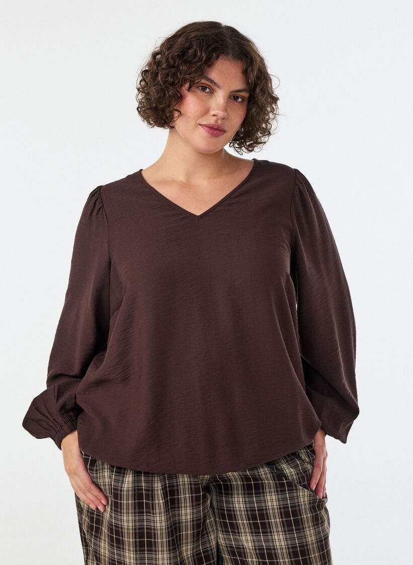 Viskosebluse med V-hals og ballongsilhuett, Brun, Model image number 0