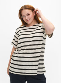 Bluse med korte ermer og kontrastfargede striper, Sand Black Stripe, Model