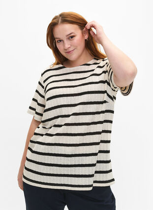 Bluse med korte ermer og kontrastfargede striper, Sand Black Stripe, Model image number 0