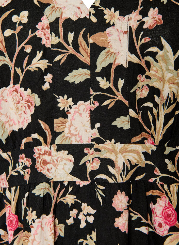 Blomstrete kjole i lin og viskose med empire-linje, Svart, Packshot image number 2