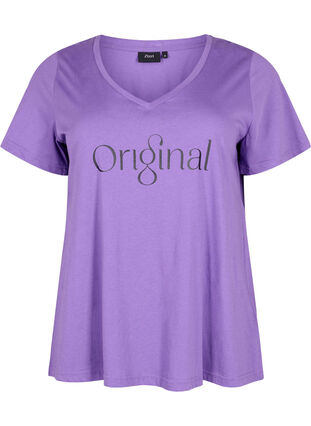 T-skjorte i bomull med trykk og V-hals, Deep Lavender ORI, Packshot image number 0