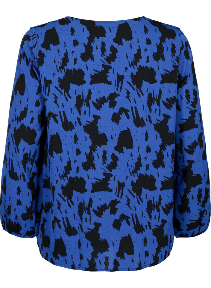 Bluse med lange ermer og volanger, Black Blue AOP, Packshot image number 1