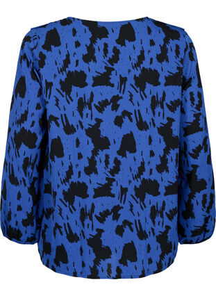 Bluse med lange ermer og volanger, Black Blue AOP, Packshot image number 1