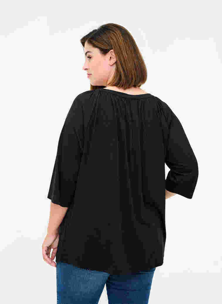 Ensfarget bluse med 2/4-ermer, Black, Model image number 1
