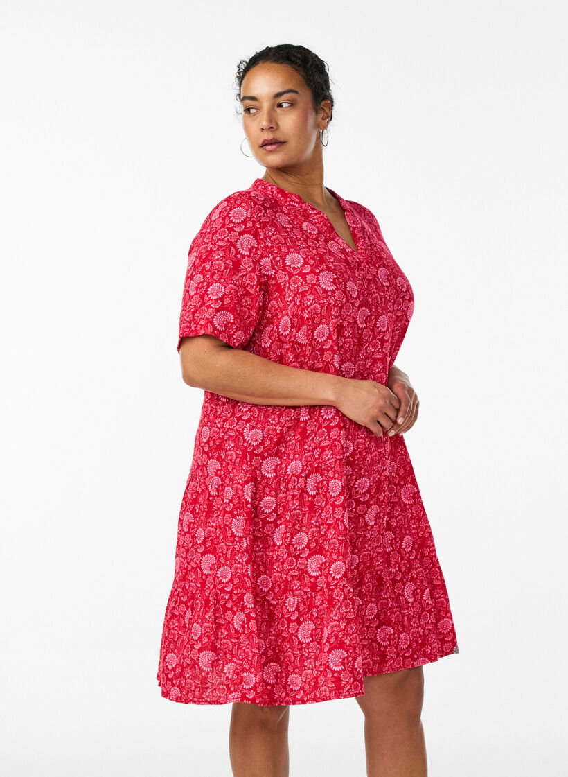 Kort A-linjekjole i bomullsmuslin, R&oslash;d, Model image number 0