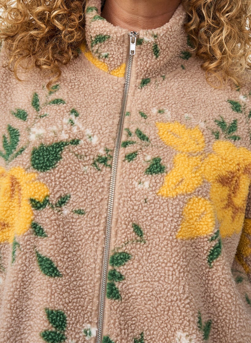 Blomstret fleecejakke med h&oslash;y hals og glidel&aring;s, Beige, Model image number 3