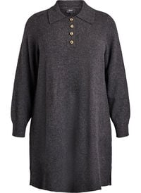 Kort strikkekjole med poloskjorte-krage og knapper, Grå Kort strikkekjole med poloskjorte-krage og knapper