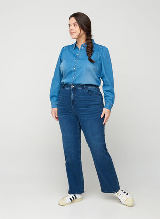Jeans med ekstra høy liv, Blue denim, Model image number 0