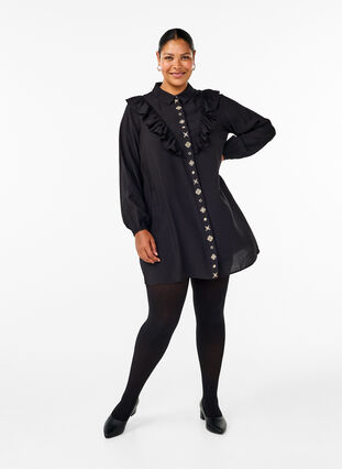 Zizzi Skjortekjole med volanger og broderier, Black, Model image number 3