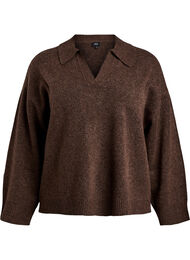 Strikket bluse med krage og V-hals, Rain Drum Mel.