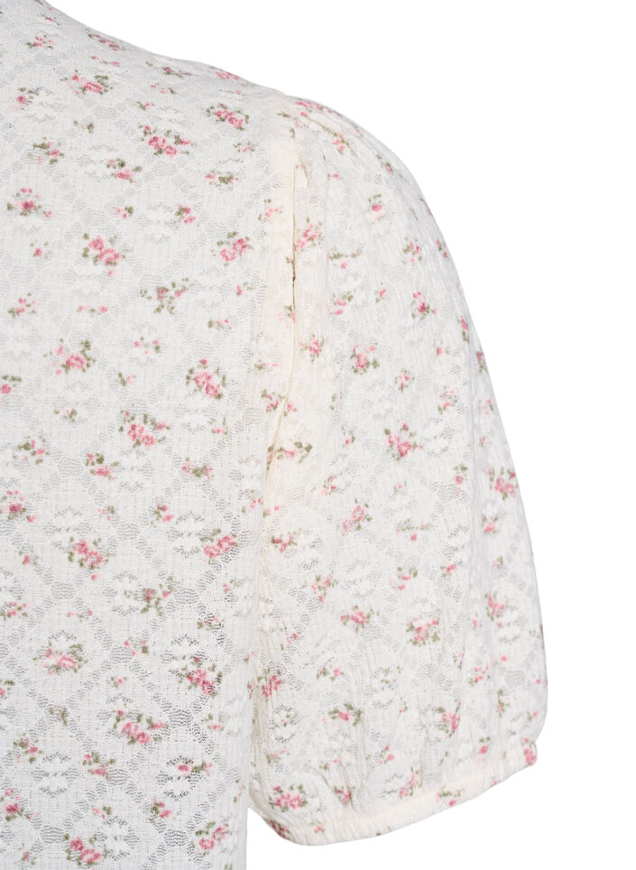 Kortermet jerseybluse med blomstertrykk, Hvit, Packshot image number 3