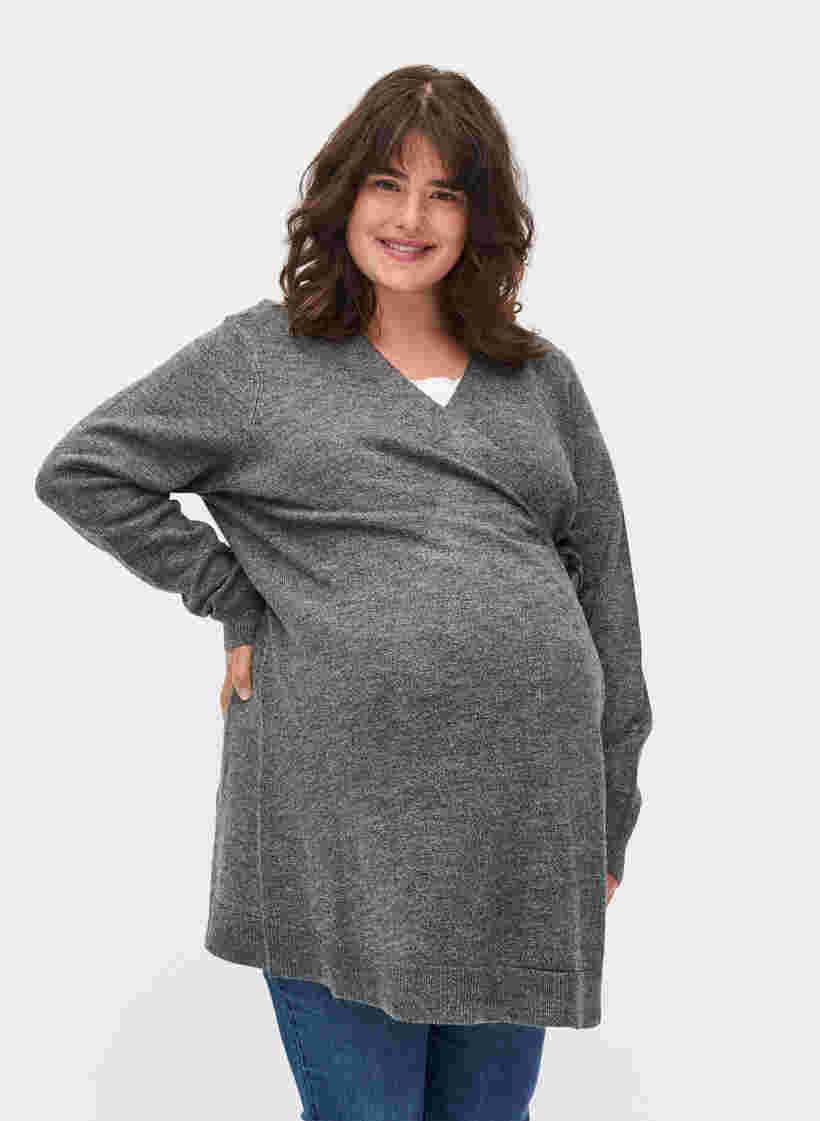 Melert strikkegenser med omslagseffekt til gravide, Medium Grey Melange, Model image number 0