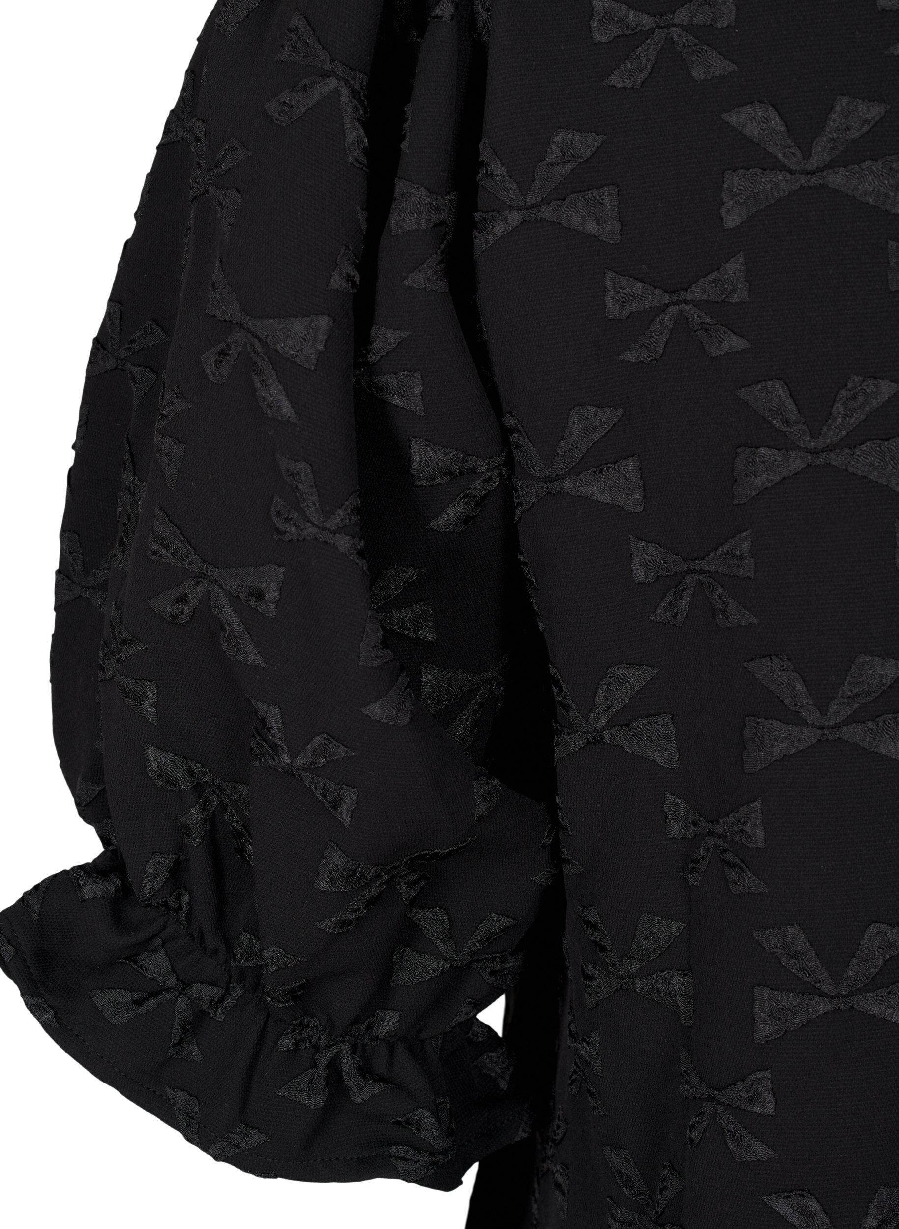 Zizzi Kort jacquardkjole med sl&oslash;yfer, Black W. Bow, Packshot image number 3