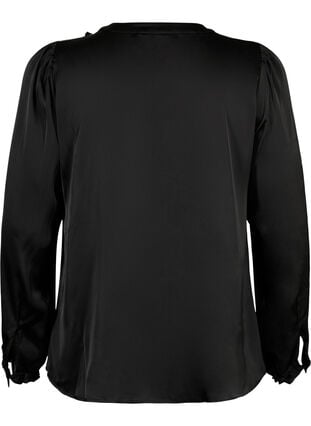 Skjortebluse i sateng med volangdetaljer, Black, Packshot image number 1